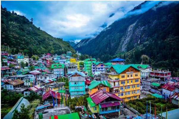 Scenic Lachen Village nestled among the Himalayan mountains in North Sikkim