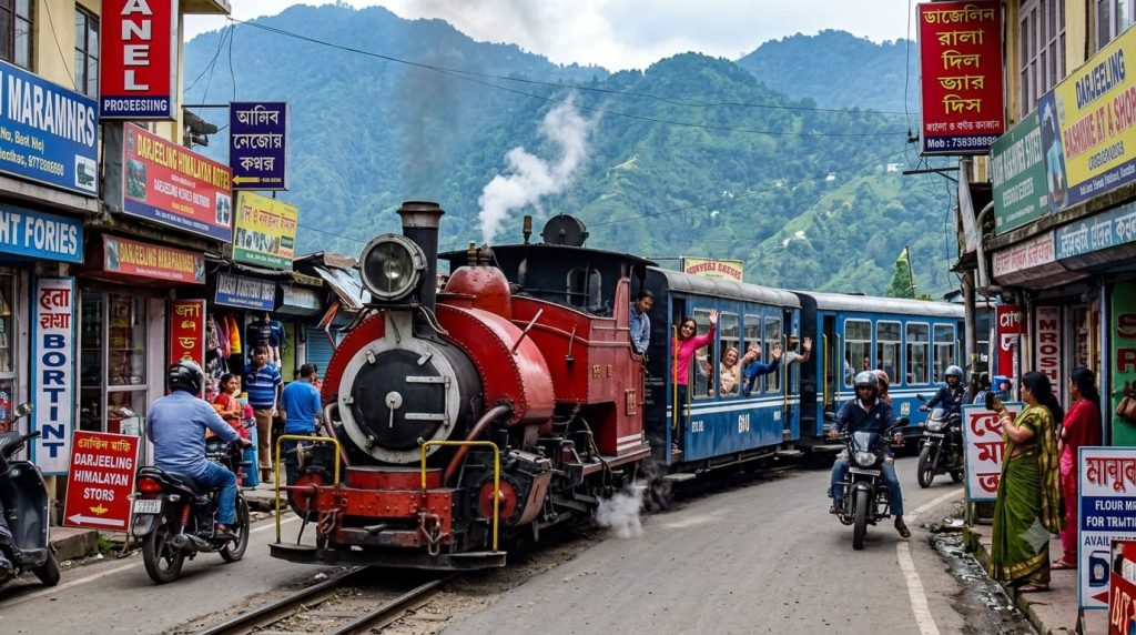 Darjeeling Himalayan Railway toy train passing through a mountain street with tourists