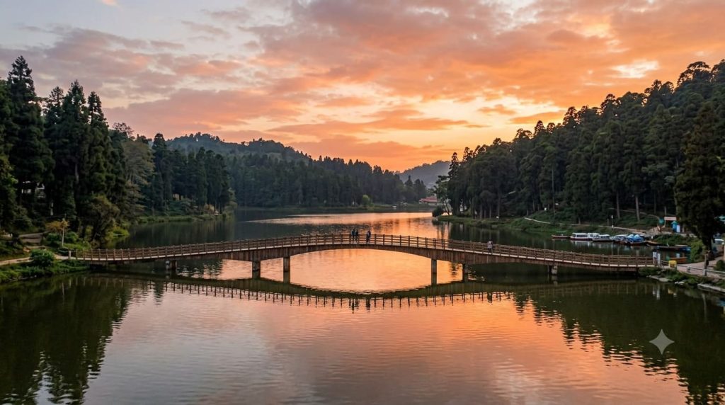 Sumendu Lake in Mirik surrounded by pine trees at sunset near Darjeeling